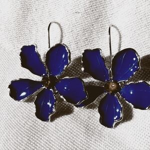 Silver Tone Cerulean Blue And Orange Floral Earrings
